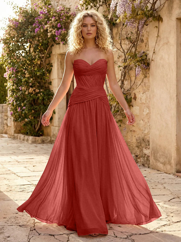 Chiffon A Line Sweetheart Pleated Corset Bridesmaid Dresses