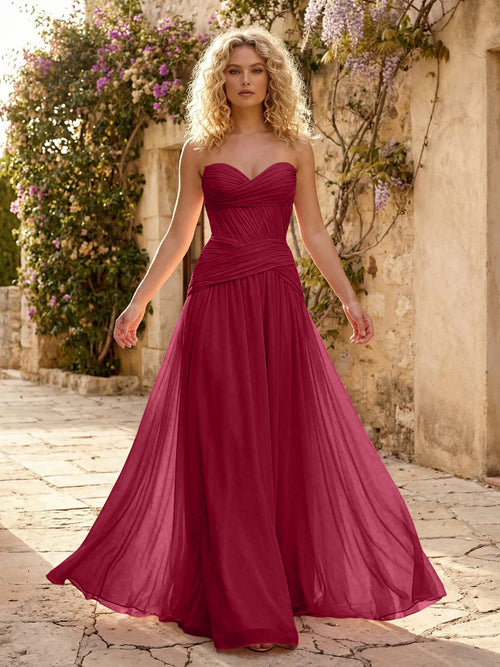 Chiffon A Line Sweetheart Pleated Corset Bridesmaid Dresses