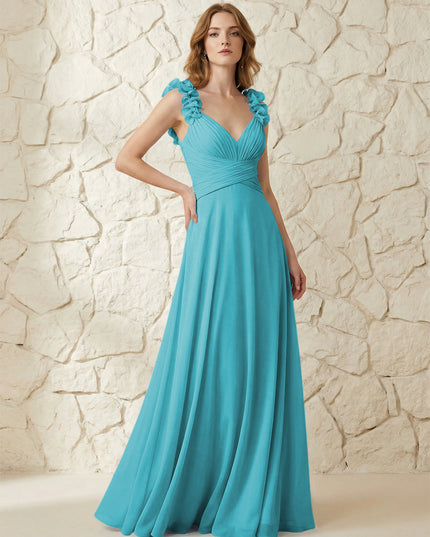 Chiffon V Neck Pleated Corset Bridesmaid Dresses with 3D Flower