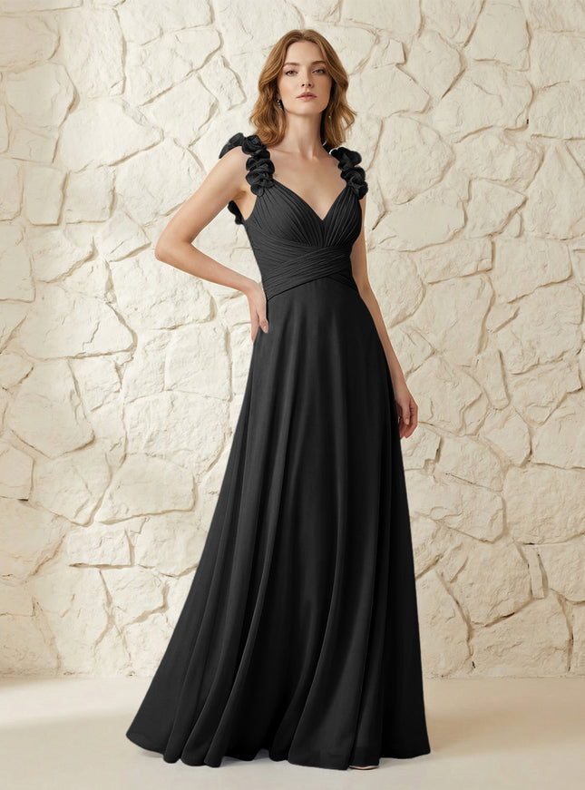 Chiffon V Neck Pleated Corset Bridesmaid Dresses with 3D Flower