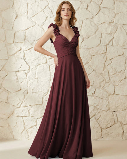 Chiffon V Neck Pleated Corset Bridesmaid Dresses with 3D Flower