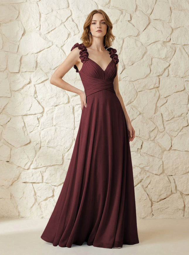 Chiffon V Neck Pleated Corset Bridesmaid Dresses with 3D Flower