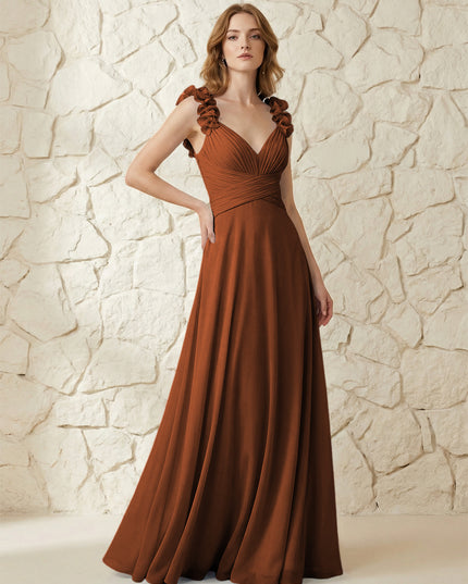 Chiffon V Neck Pleated Corset Bridesmaid Dresses with 3D Flower