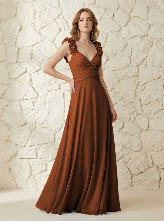 Chiffon V Neck Pleated Corset Bridesmaid Dresses with 3D Flower
