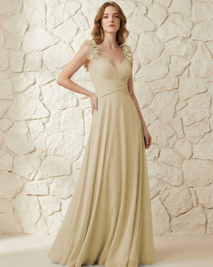 Chiffon V Neck Pleated Corset Bridesmaid Dresses with 3D Flower