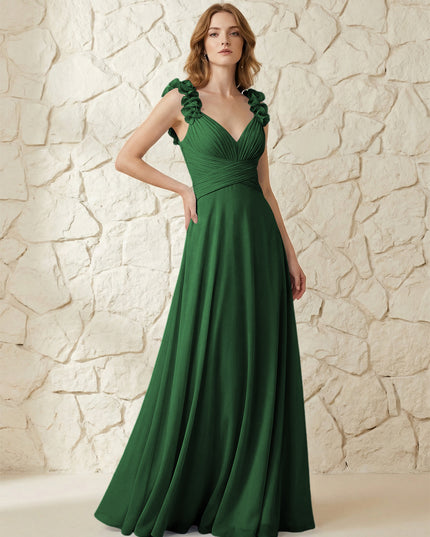 Chiffon V Neck Pleated Corset Bridesmaid Dresses with 3D Flower