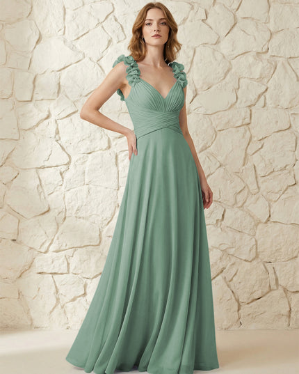 Chiffon V Neck Pleated Corset Bridesmaid Dresses with 3D Flower