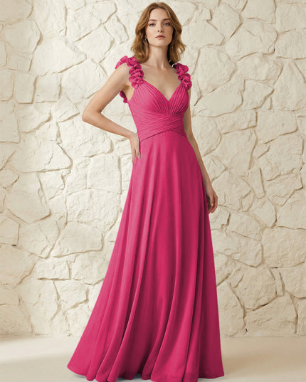 Chiffon V Neck Pleated Corset Bridesmaid Dresses with 3D Flower