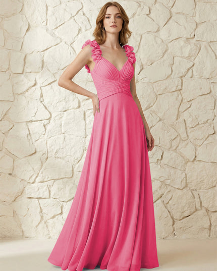 Chiffon V Neck Pleated Corset Bridesmaid Dresses with 3D Flower