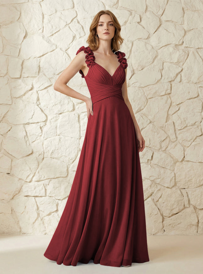 Chiffon V Neck Pleated Corset Bridesmaid Dresses with 3D Flower