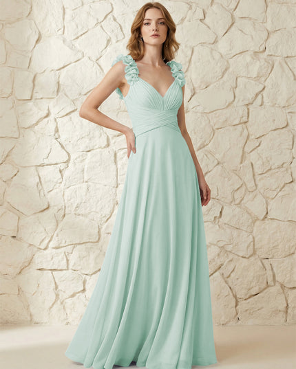 Chiffon V Neck Pleated Corset Bridesmaid Dresses with 3D Flower