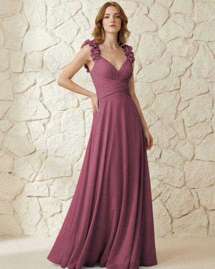 Chiffon V Neck Pleated Corset Bridesmaid Dresses with 3D Flower