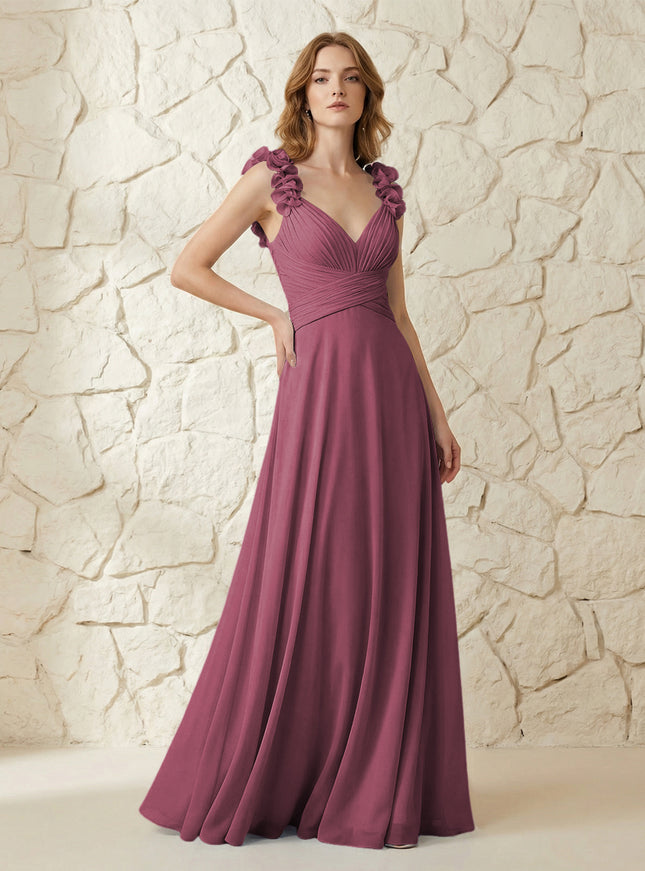 Chiffon V Neck Pleated Corset Bridesmaid Dresses with 3D Flower