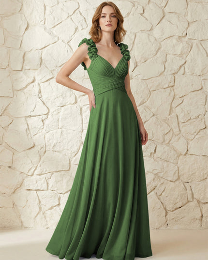 Chiffon V Neck Pleated Corset Bridesmaid Dresses with 3D Flower