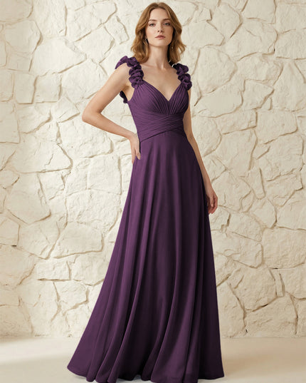 Chiffon V Neck Pleated Corset Bridesmaid Dresses with 3D Flower