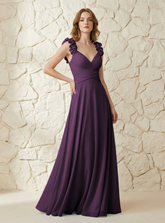 Chiffon V Neck Pleated Corset Bridesmaid Dresses with 3D Flower