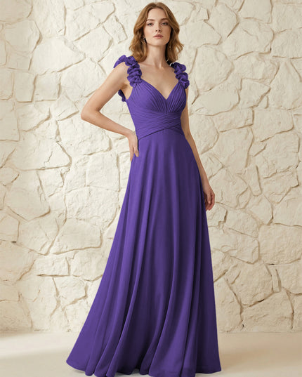 Chiffon V Neck Pleated Corset Bridesmaid Dresses with 3D Flower