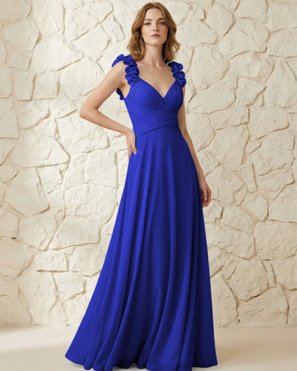 Chiffon V Neck Pleated Corset Bridesmaid Dresses with 3D Flower
