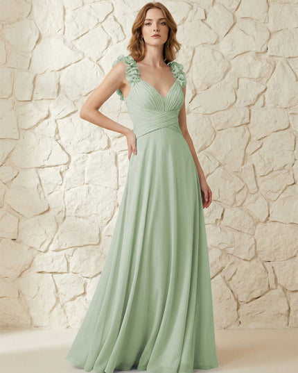 Chiffon V Neck Pleated Corset Bridesmaid Dresses with 3D Flower