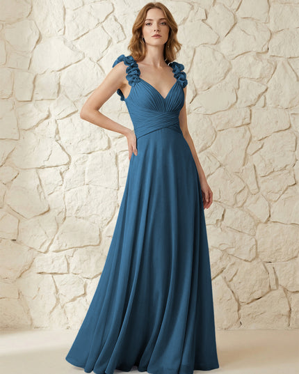 Chiffon V Neck Pleated Corset Bridesmaid Dresses with 3D Flower