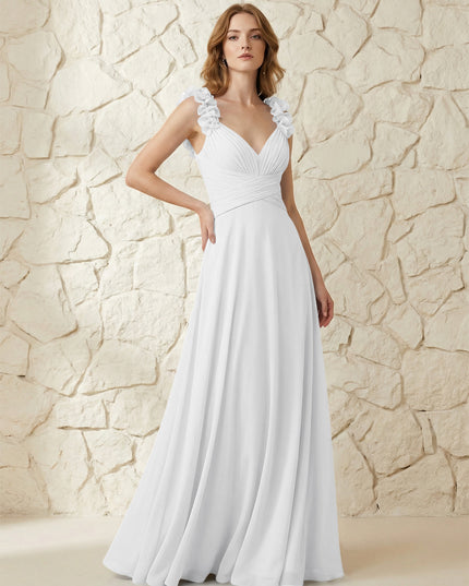 Chiffon V Neck Pleated Corset Bridesmaid Dresses with 3D Flower