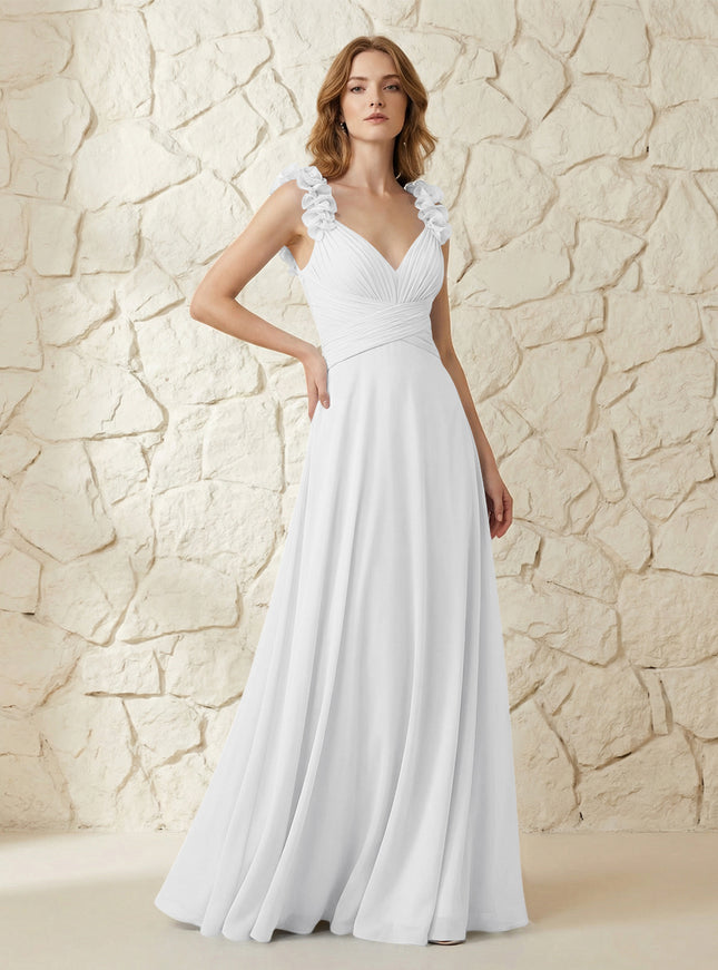 Chiffon V Neck Pleated Corset Bridesmaid Dresses with 3D Flower