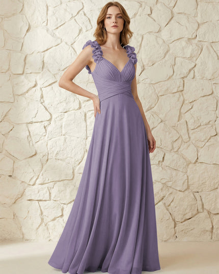 Chiffon V Neck Pleated Corset Bridesmaid Dresses with 3D Flower