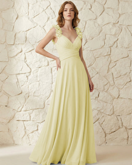 Chiffon V Neck Pleated Corset Bridesmaid Dresses with 3D Flower