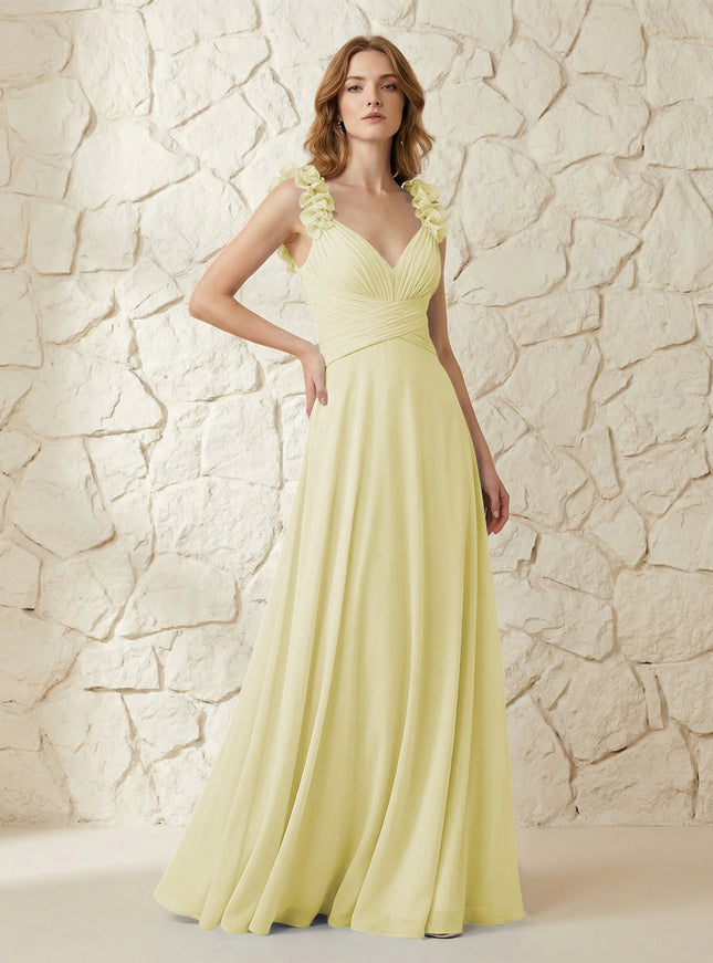 Chiffon V Neck Pleated Corset Bridesmaid Dresses with 3D Flower