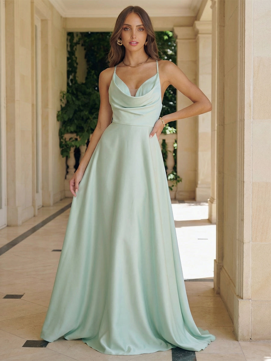 Satin Cowl Neck Spaghetti Straps Formal Dresses