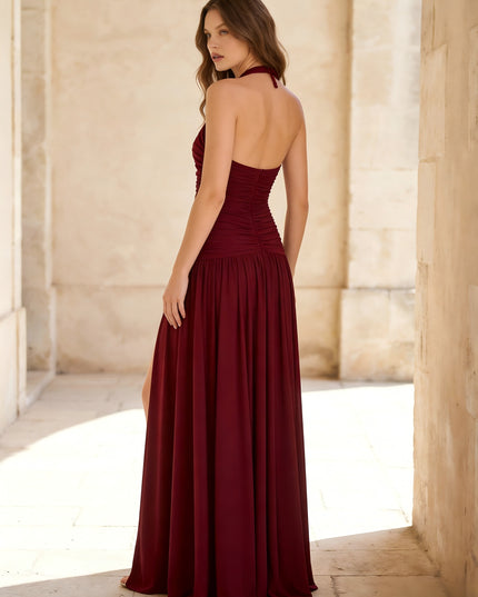 V Neck Halter Chiffon Wedding Guest Dresses with Slit