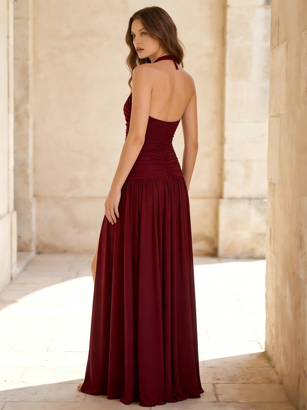 V Neck Halter Chiffon Wedding Guest Dresses with Slit