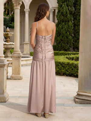 Satin A Line V Neck Long Bridesmaid Dresses
