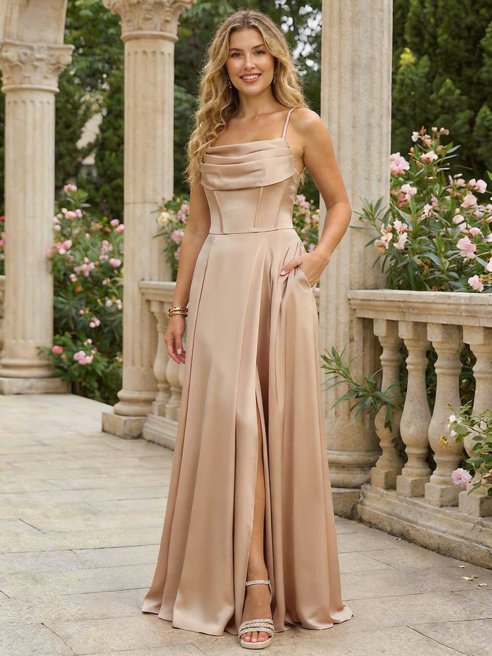 Satin A Line Spaghetti Straps Long Wedding Guest Dresses