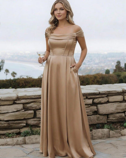 Satin A Line Off the Shoulder Long Bridesmaid Dresses