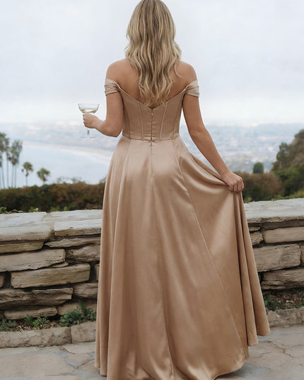 Satin A Line Off the Shoulder Long Bridesmaid Dresses