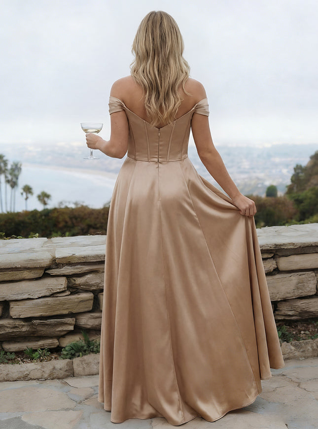 Satin A Line Off the Shoulder Long Bridesmaid Dresses
