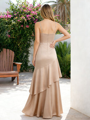 Satin A Line Sleeveless Long Bridesmaid Dresses