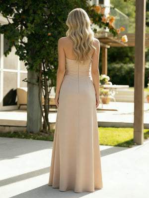 Satin A Line Strapless Long Bridesmaid Dresses