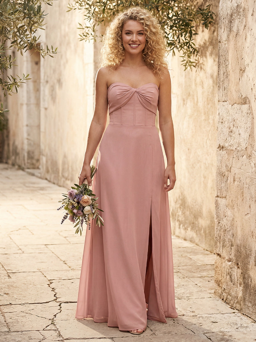 Chiffon Strapless Long Bridesmaid Dresses with Slit