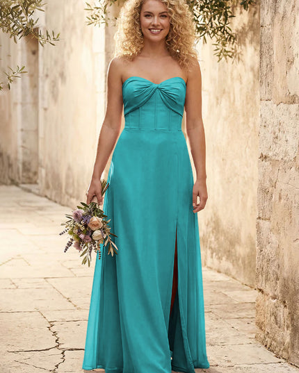 Chiffon Strapless Long Bridesmaid Dresses with Slit