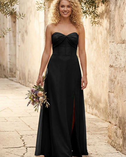 Chiffon Strapless Long Bridesmaid Dresses with Slit
