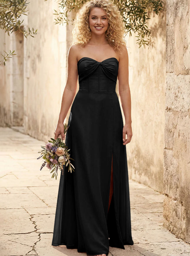 Chiffon Strapless Long Bridesmaid Dresses with Slit