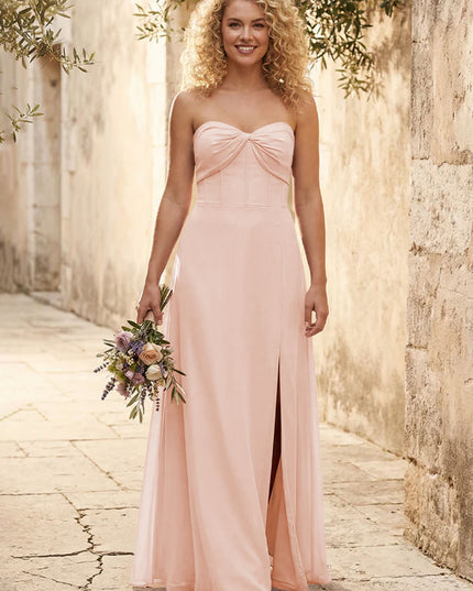 Chiffon Strapless Long Bridesmaid Dresses with Slit