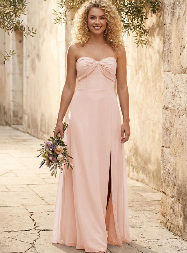Chiffon Strapless Long Bridesmaid Dresses with Slit