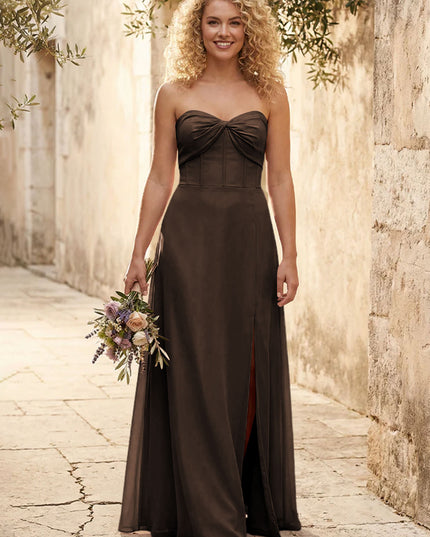 Chiffon Strapless Long Bridesmaid Dresses with Slit
