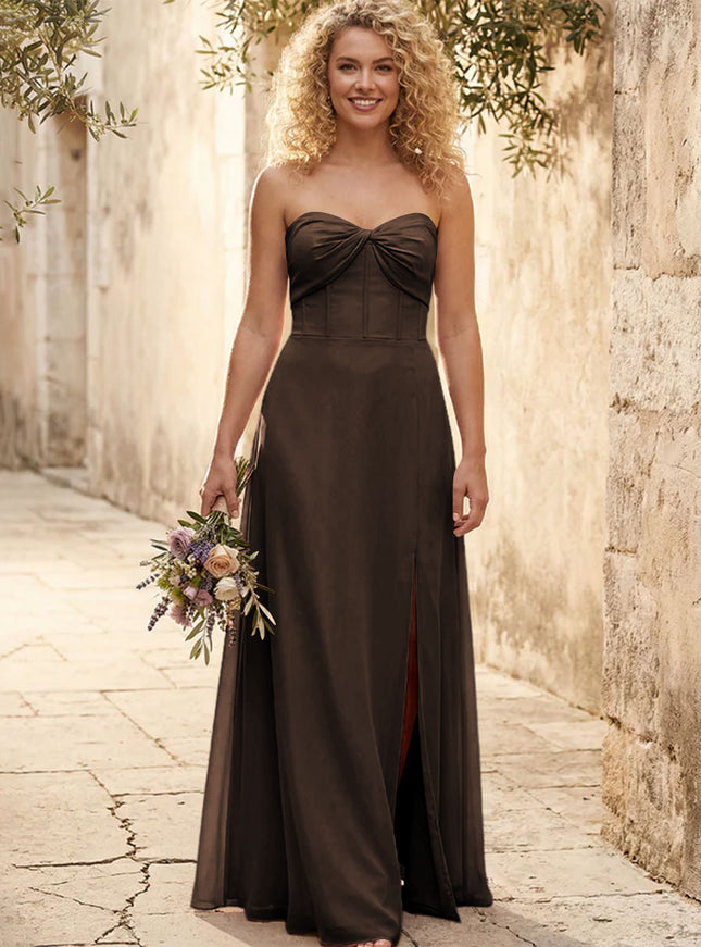 Chiffon Strapless Long Bridesmaid Dresses with Slit