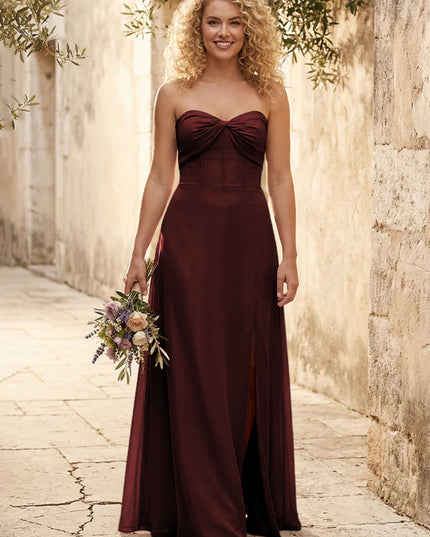 Chiffon Strapless Long Bridesmaid Dresses with Slit