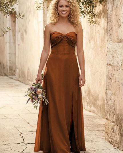 Chiffon Strapless Long Bridesmaid Dresses with Slit