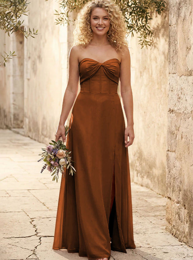 Chiffon Strapless Long Bridesmaid Dresses with Slit